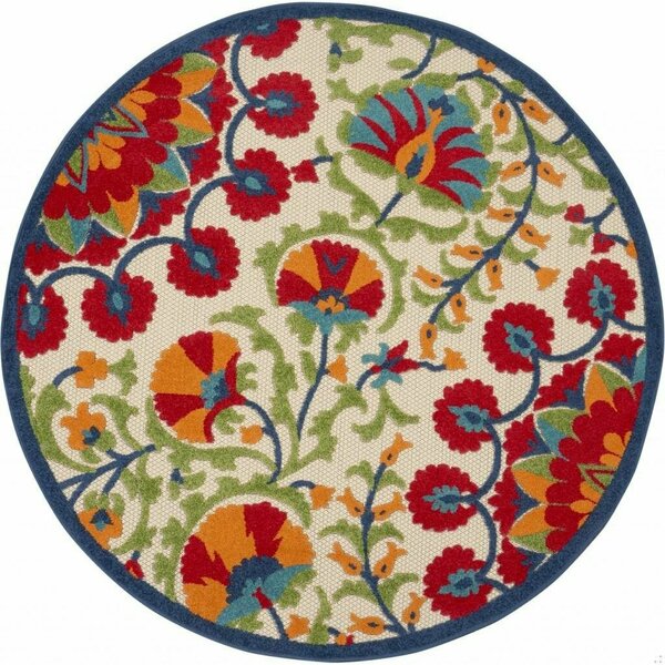 Homeroots 4 ft. Round Red & Multi Color Indoor & Outdoor Area Rug 384998